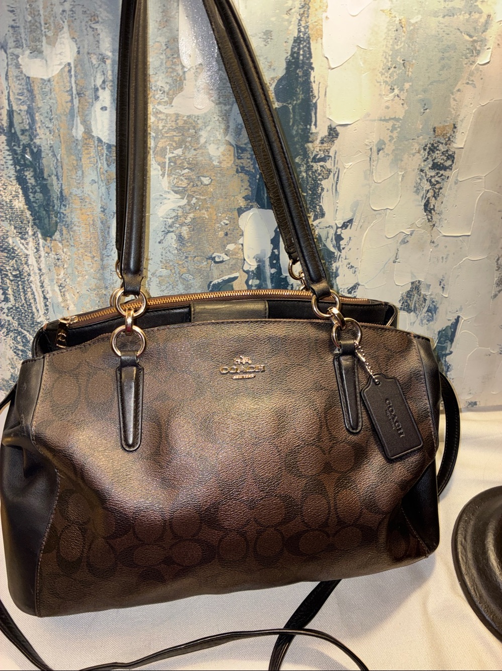 Genuine Coach  Christy Brown and Black Signature Tote with black leather trim